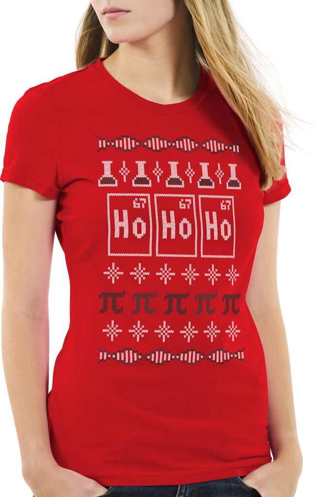 style3 Ho Ho Holmium Ugly Sweater Damen T-Shirt chemie x-mas pulli weihnachten, Farbe:Rot, Größe:M