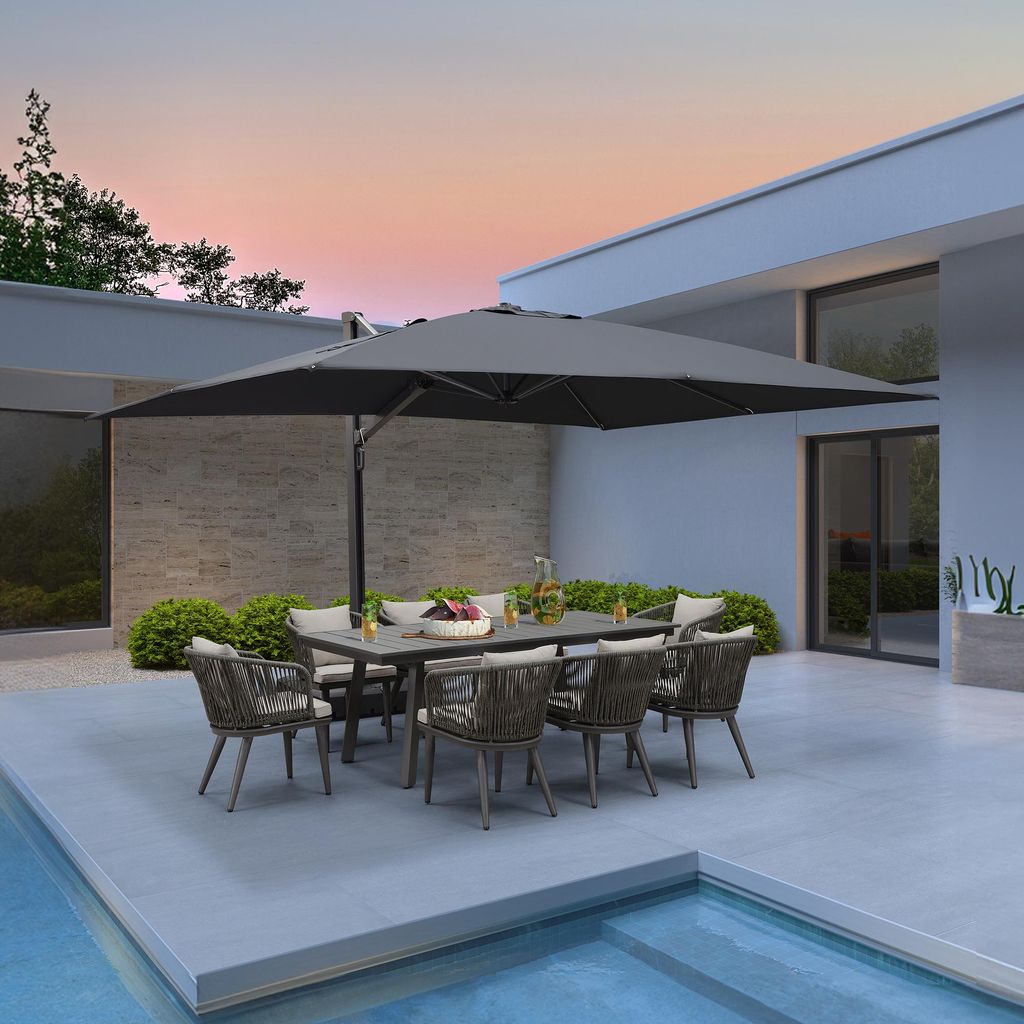 PURPLE LEAF Ampelschirm Rechteckiger Aluminium Terrassenschirm,Groß Sonnenschirm 300 x 400 cm, 360° Drehbar für Terrasse, Balkon Sonnenschutz, Grau