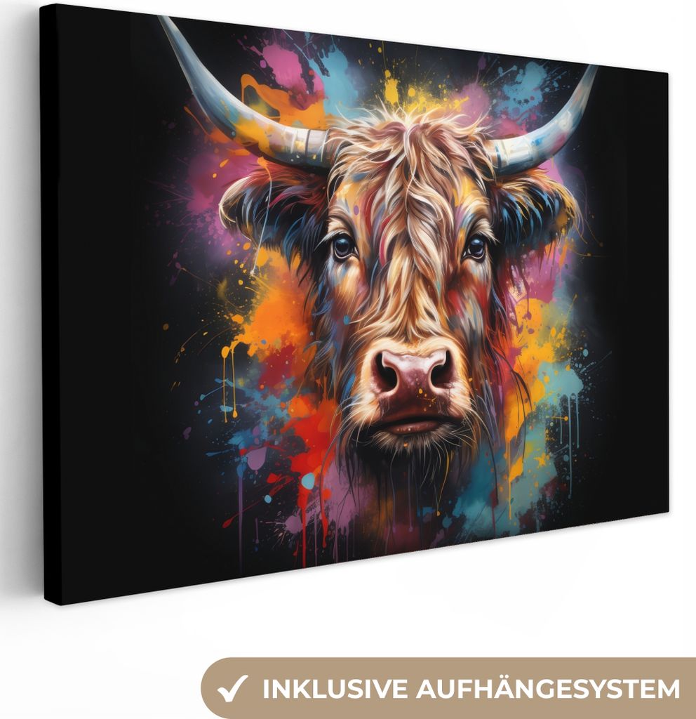 Wanddeko 30x20 cm - Schottisches Hochlandrind - Graffiti - Schwarz - Kuh, Deko Wohnzimmer, Leinwand Bilder