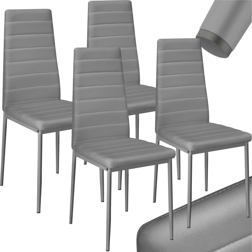 Four gray dining chairs are arranged in a studio setting against a white background.