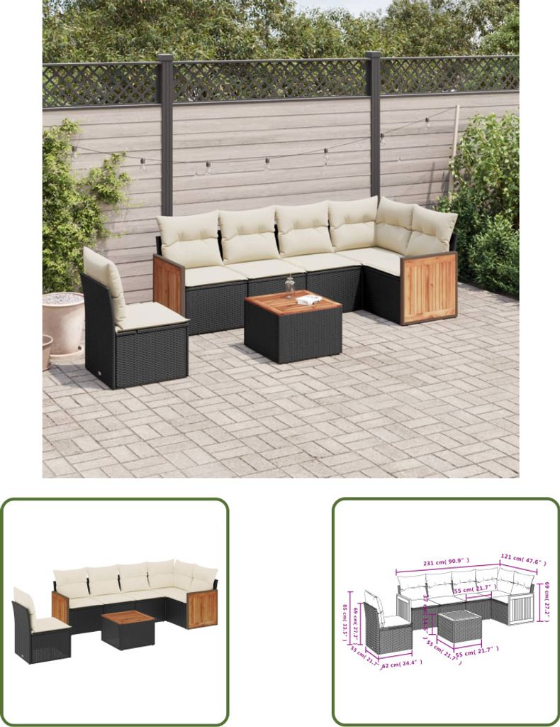 The Living Store 7-tlg. Garten-Sofagarnitur mit Kissen Schwarz Poly Rattan