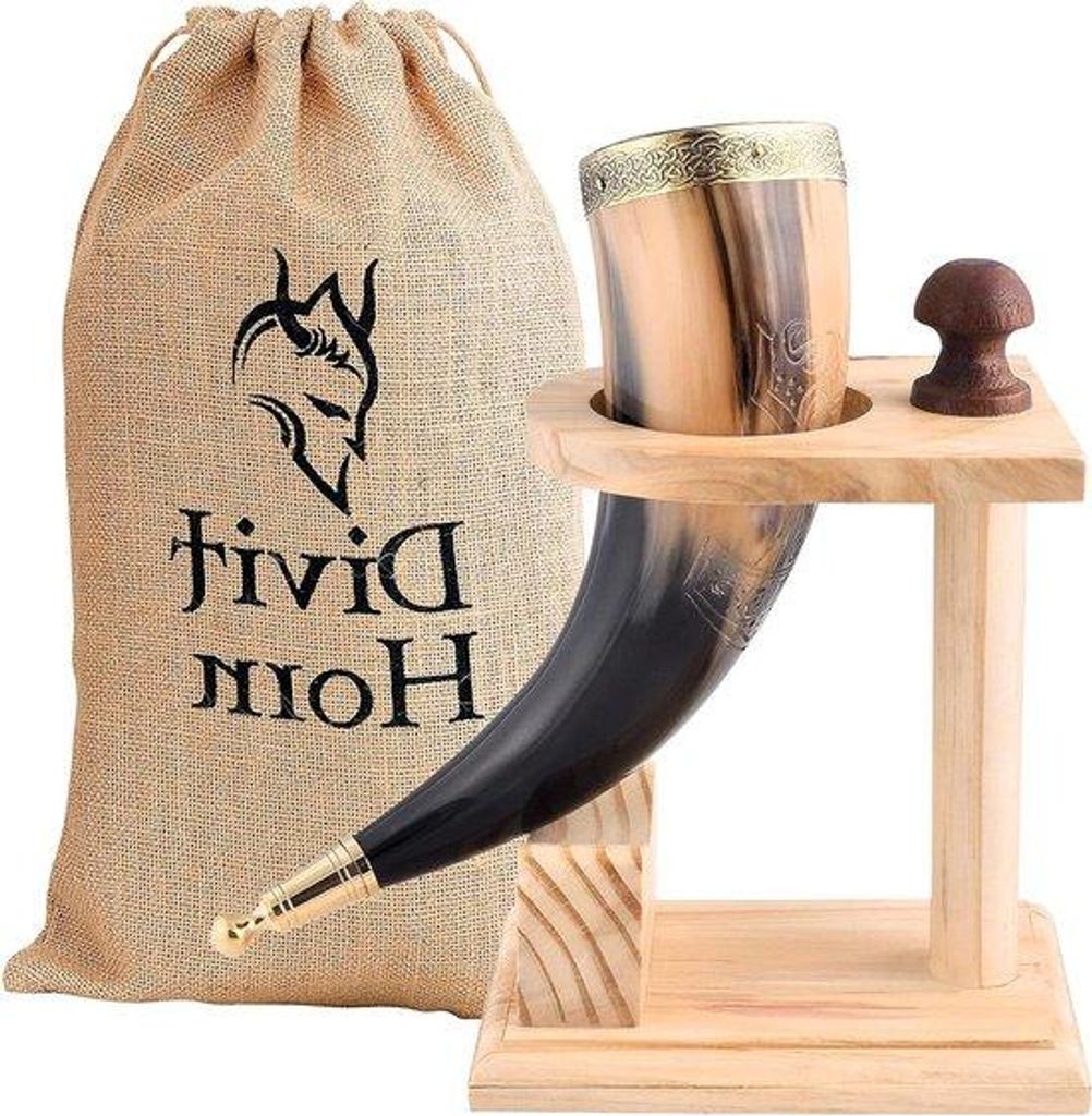 Echte Viking drinkset mit Holzstand - mittelalterliche Bierbecher - messing Verzierungen - jute Geschenkbox - 16 oz Fassungsvermögen
