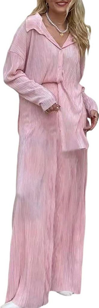 ASKSA Damen 2 Teiler Casual Outfits Sommer Plissee Set Zweiteiler Langarm Hohe Taille Loungewear, Rosa, M