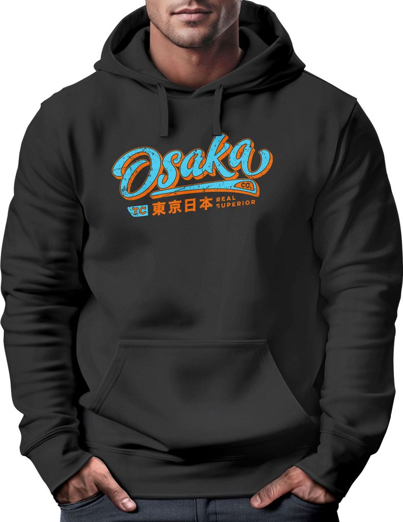 Hoodie Herren japanische Schriftzeichen Japan Schriftzug Osaka Kapuzen-Pullover Männer Fashion Streetstyle Neverless schwarz S