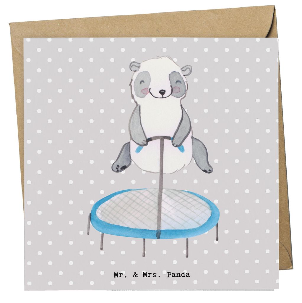Mr. & Mrs. Panda Grußkarte Panda Trampolin springen - Grau Pastell - Geschenk, faltkarte, Glückwunschkarte, Sportler, anlasskarte, Turnen, Klappk...