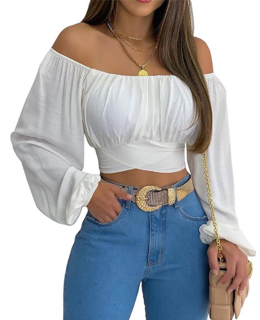 Damen-Crop-Top mit schulterfreiem Schnitt, gerafftem Rückenteil und Laternenärmeln im Boho-Stil, Sommerbluse,Größe:XL