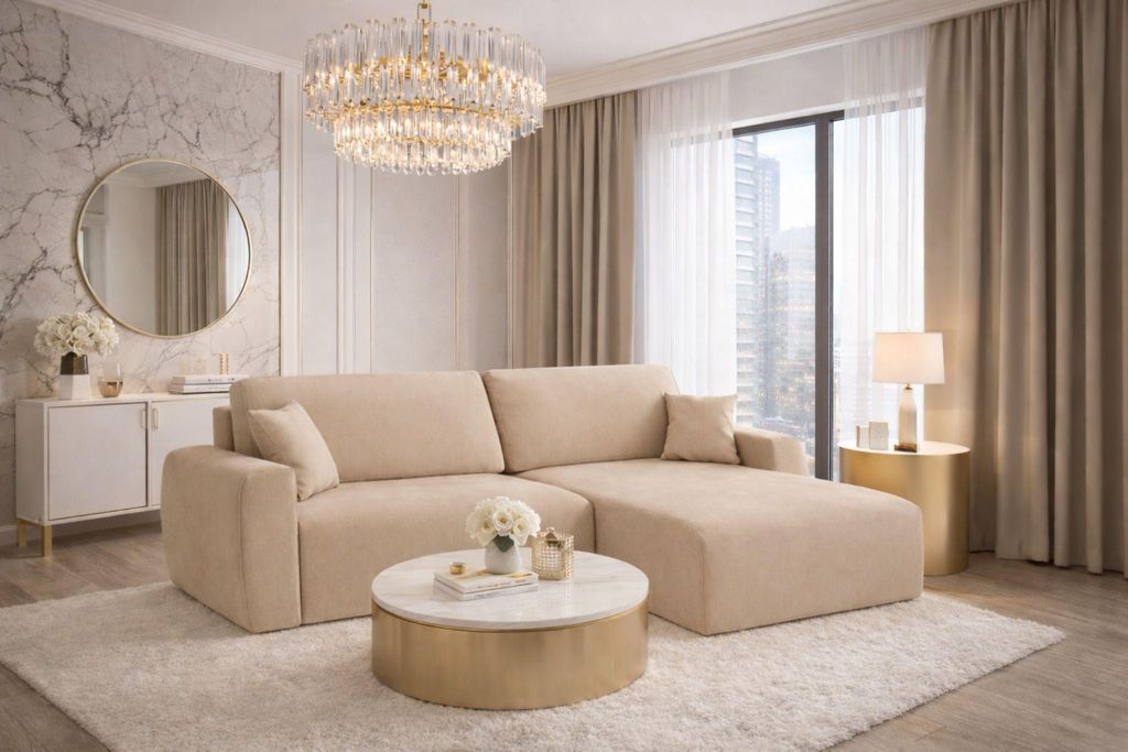 Kaiser Möbel Ecksofa mit Schlaffunktion und Bettkasten, Ariel XL, Velours, Stoff Salvador, Beige, Rechts