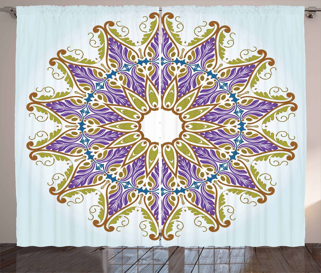 ABAKUHAUS lila Mandala Rustikaler Gardine, Blätter, Schlafzimmer Kräuselband Vorhang mit Schlaufen und Haken, 280 x 245 cm, Mehrfarbig