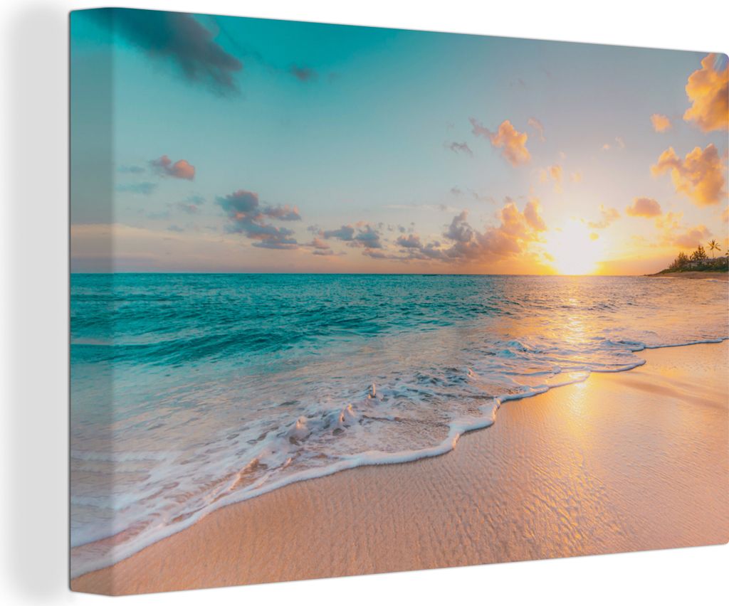 OneMillionCanvasses - Leinwandbilder - 140x90 cm, Sonnenuntergang - Strand - Meer - Sommer - Blau, Wandbilder Kunstdruck Wanddekoration - Foto auf