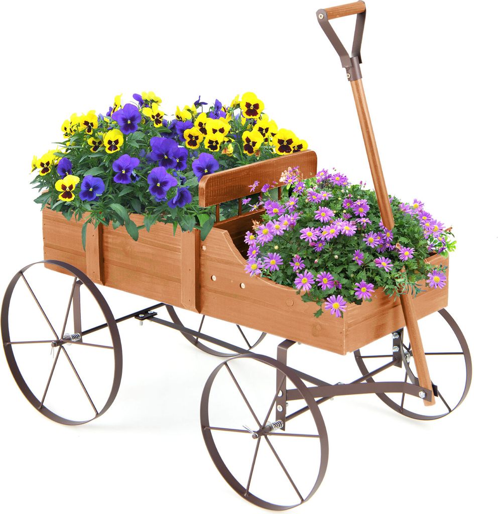 A wooden wagon filled with purple and yellow flowers, set against a white background.