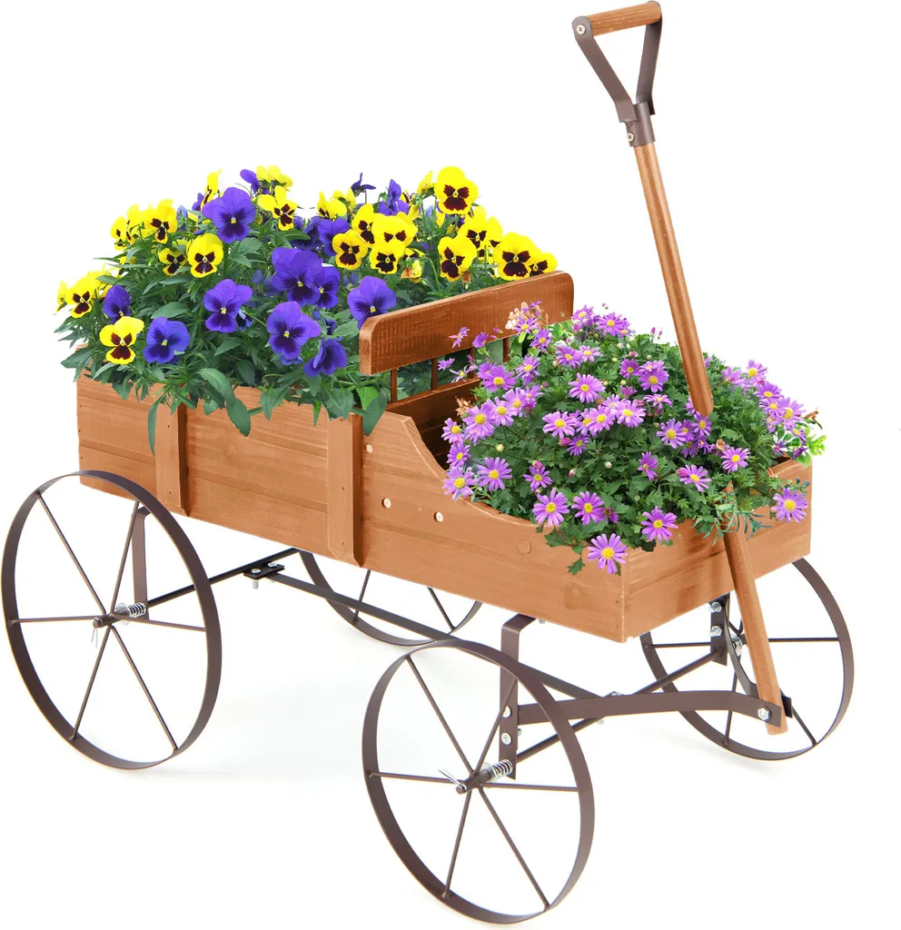 Chariot à plantes en bois et métal orange résistant pour terrasse
