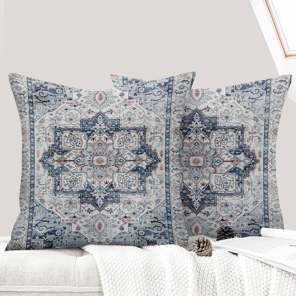 2er-Set Boho-Kissenbezüge (40 x 40 cm), dekorative Kissenbezüge, Vintage-Blau mit verdecktem Reißverschluss
