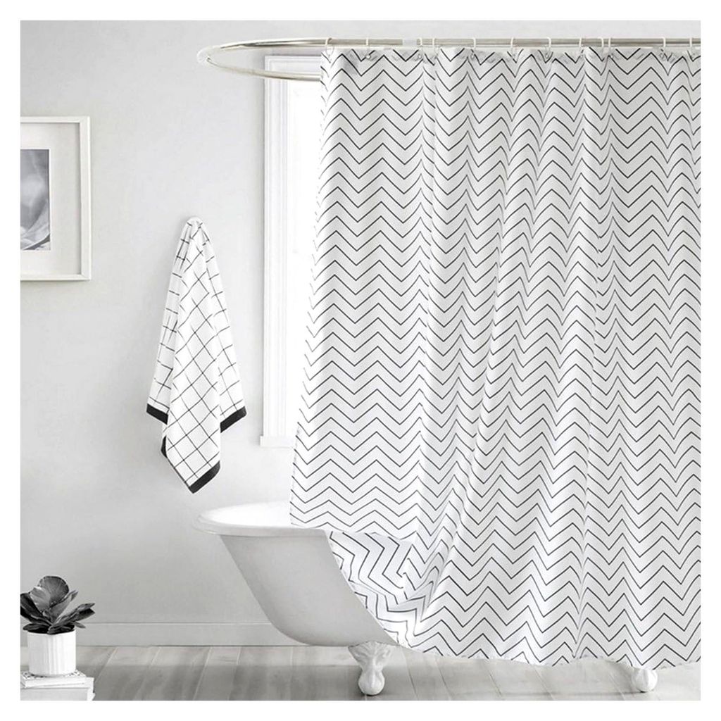 Waschbarer Duschvorhang mit Digitaldruck inkl. Vorhangringen, Anti-Schimmel, Wellen-Zick-Zack-Motiv für Badezimmer und Badewanne (240 x 200 cm BxH)
