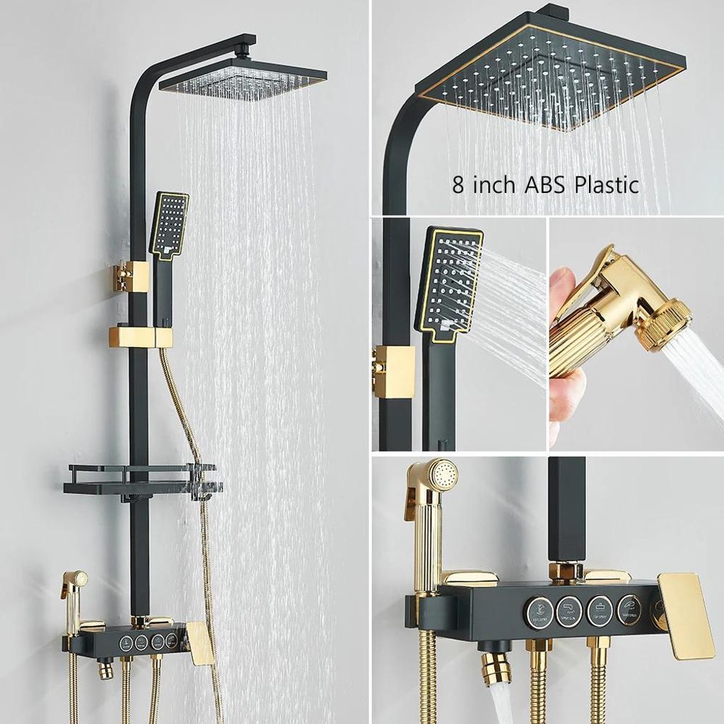 Badezimmer Duschsystem - Regendusche mit Druckknopf, Wannenarmatur, Bidet-Handbrause, Höhenverstellbar & schwenkbar, Mit Ablage, Einhebelmischer m...