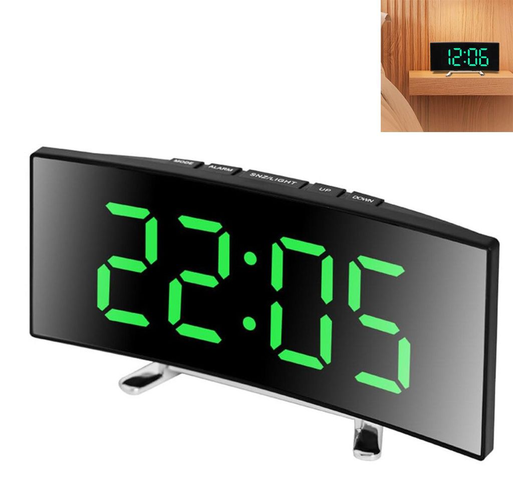 Gebogener LED Digitalwecker mit Spiegelanzeige, Produktbild 