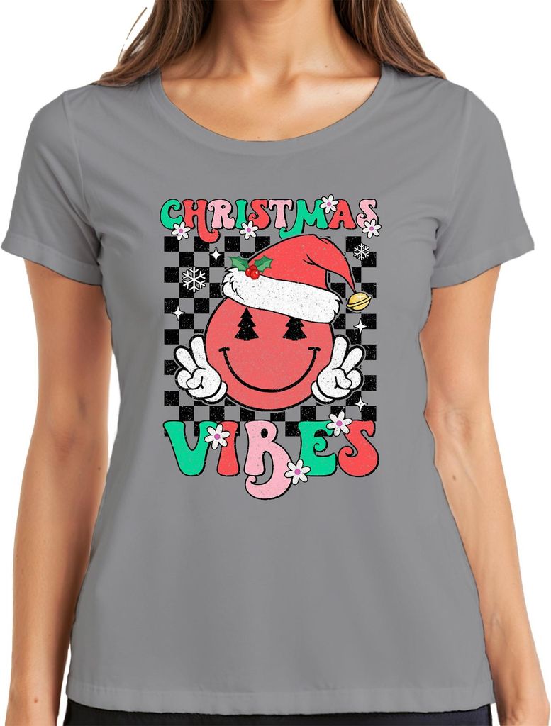 Christmas Vibes Santa Hat Smiley Peace Zeichen Tannenbaum Retro Damen T-Shirt, Grau, 3XL