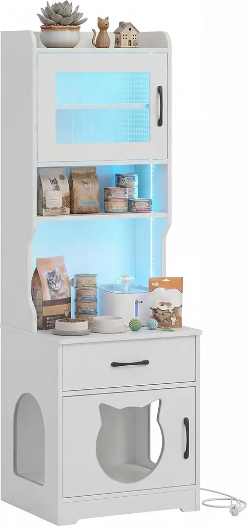 Armadio per Gatti COSTWAY Bianco con Luci LED e Cassetto Porta Oggetti