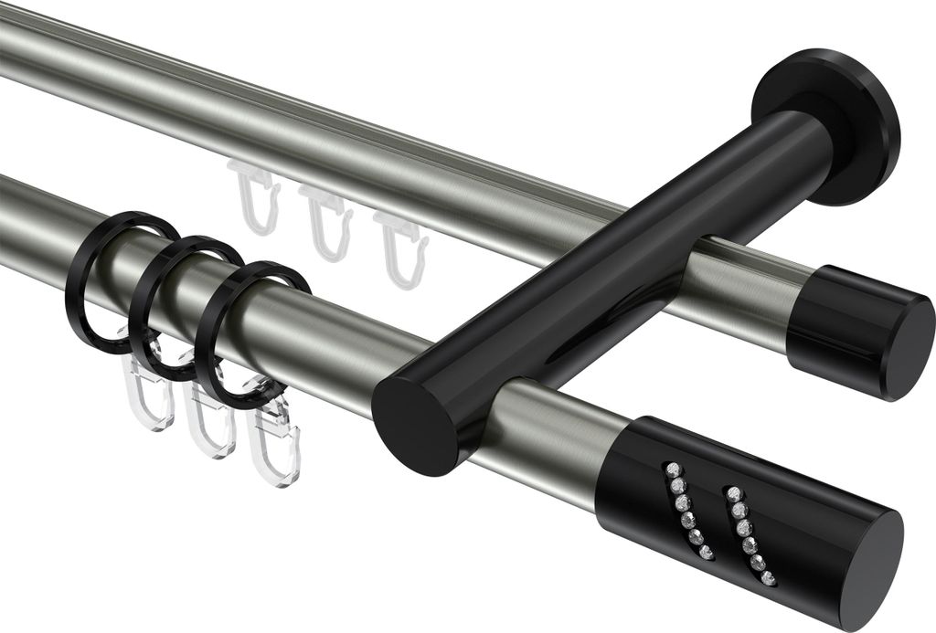 Interdeco Rundrohr-Innenlaufstange / Gardinenstange (Kombination) Edelstahl-Optik / Schwarz, Typ Platon Zoena (Glitzerzylinder), 20 mm Ø 2-läufig...