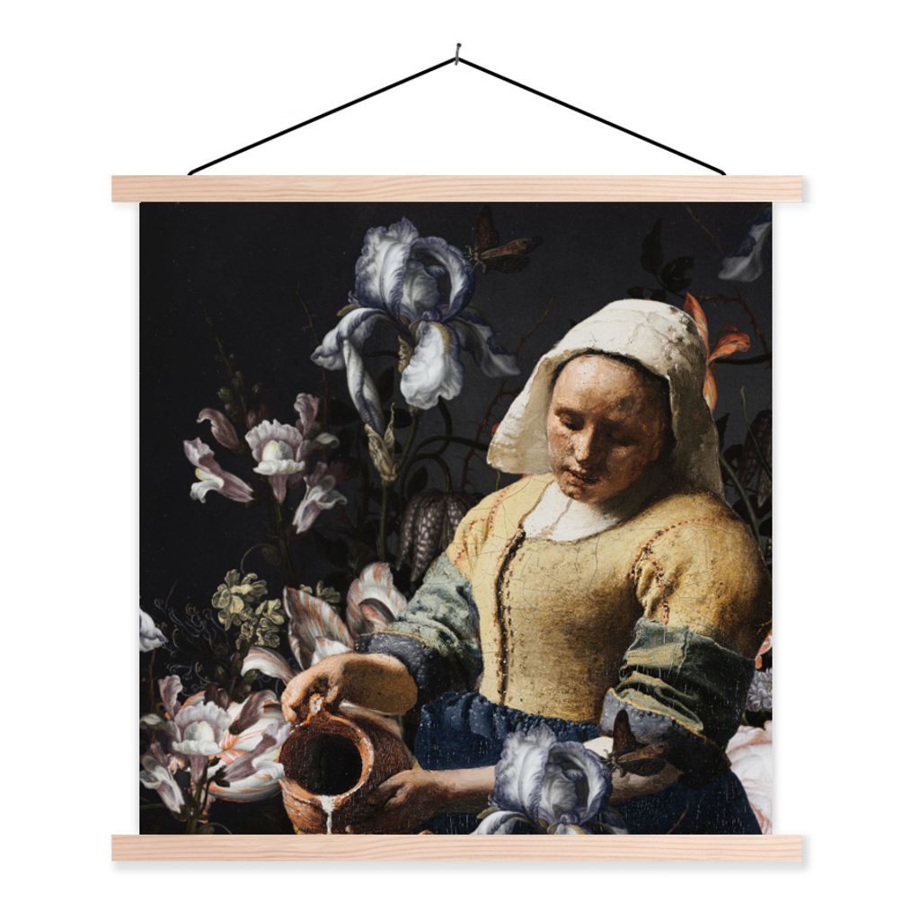 MuchoWow Textilposter Milchmädchen - Johannes Vermeer - Blumen 40x40 cm mit holzfarbenen Rahmen - Posterleiste