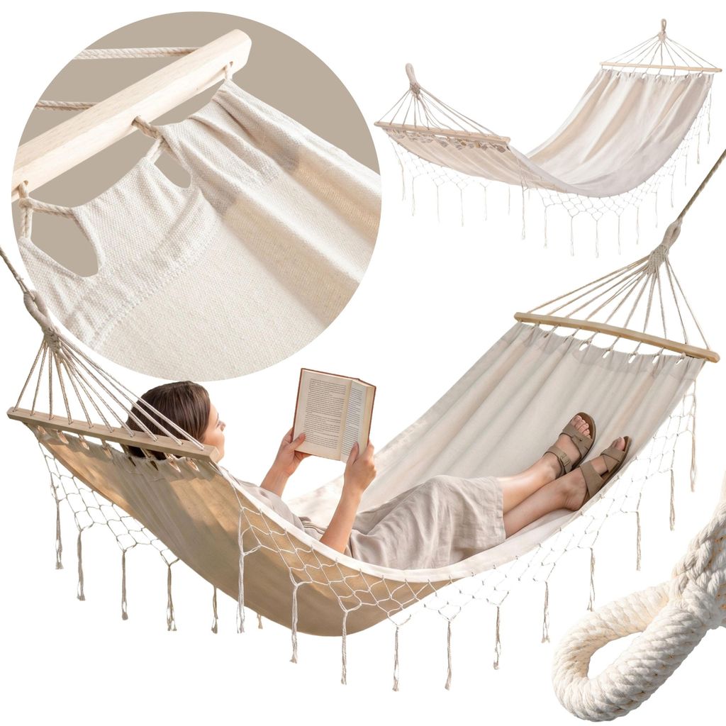 Robuste Gartenhängematte, beige Boho-Hängematte mit Produktbild 