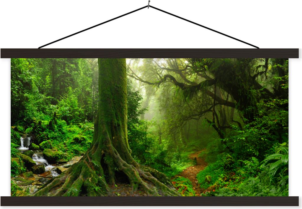 MuchoWow Textilposter Dschungel - Grün - Asien 90x45 cm mit schwarzem Rahmen - Klemmleisten