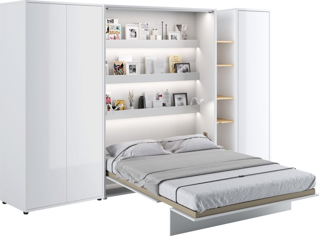 Wohnwand mit Schrankbett Bed Concept 140x200 Lenart Kleiderschrank Regalschrank Regal Led Beleuchtung Weiß