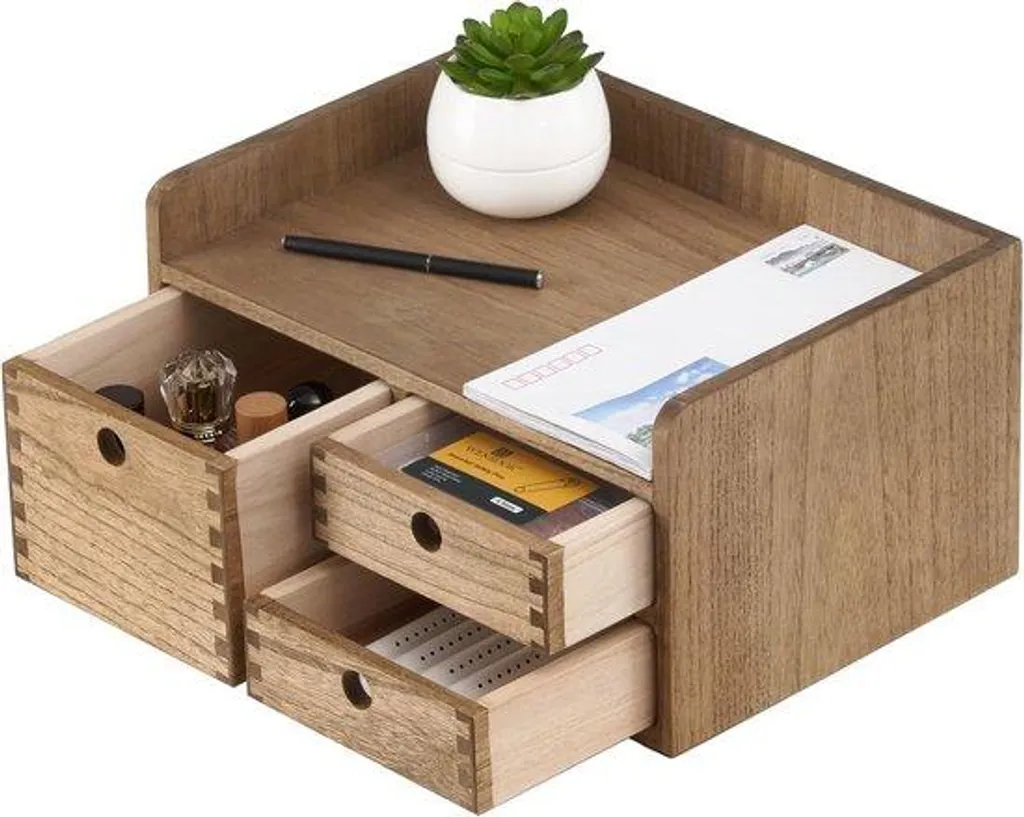 Rangement bois de bureau pour télétravail - 3 tiroirs compacts bois foncé