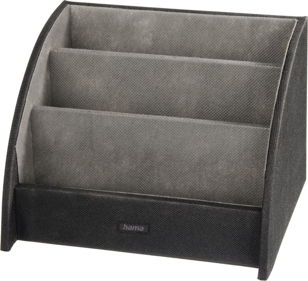 A black and gray remote control holder with three compartments.