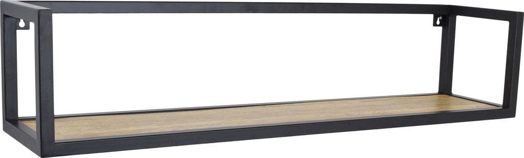 A wall shelf with a black metal frame and a wooden shelf.