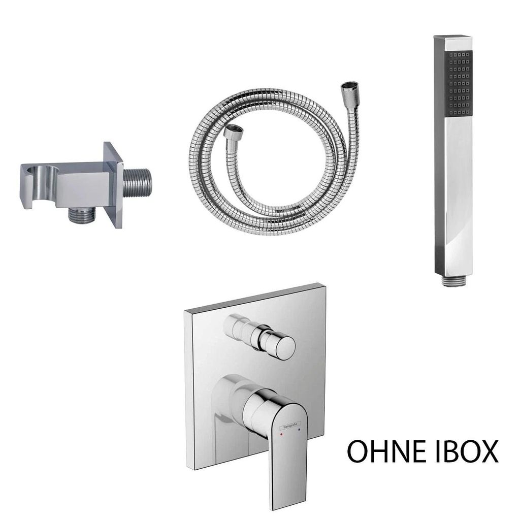 A collection of bathroom fixtures, including a shower head, hose, wall connection, and faucet mixer, laid out on a white background.