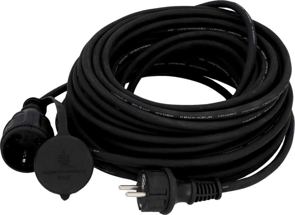 UNITEC Schutzkontakt-Gummi-Verlängerungskabel IP44, H05RR, 20m, sw