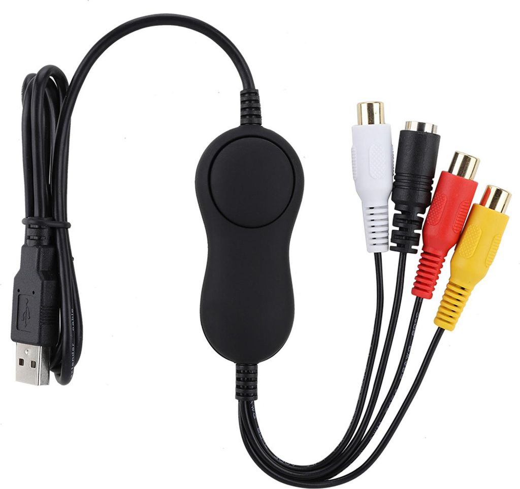 A USB video capture device with RCA connectors against a white background.
