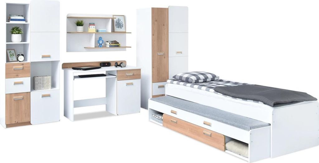 JOHELY Studentenzimmermöbel mit Bett - weiß / Nash-Eiche