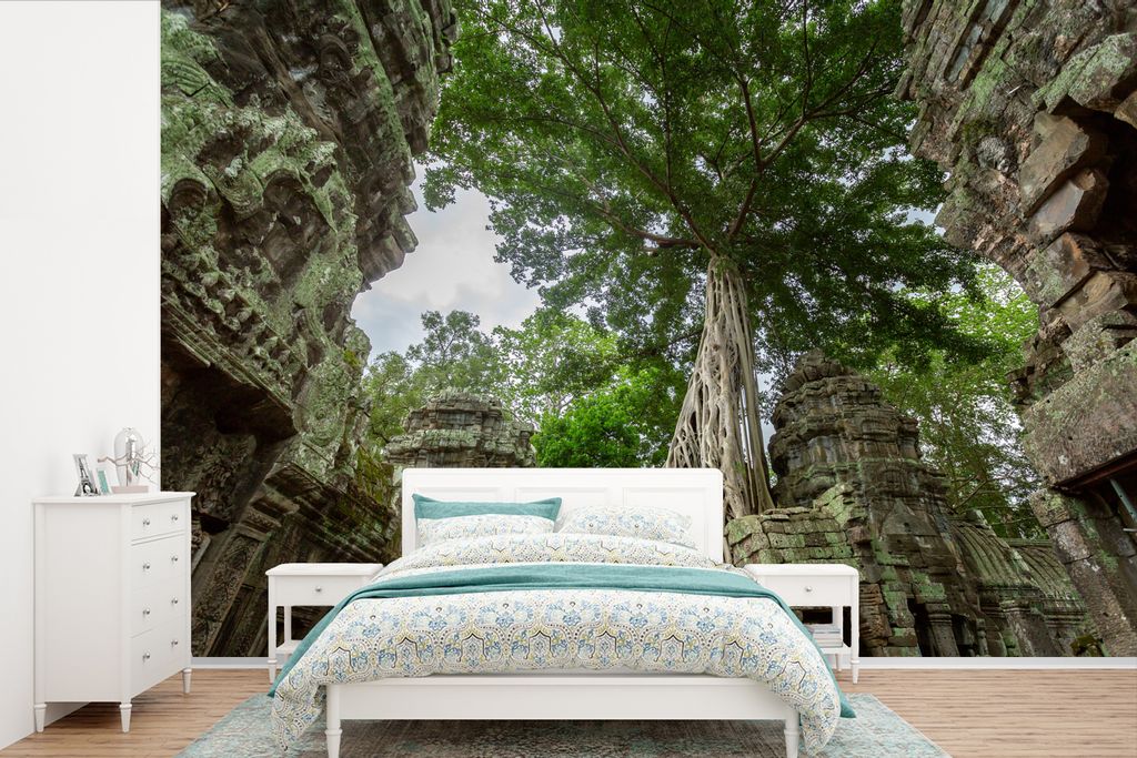 MuchoWow Fototapete für Wohnzimmer oder Schlafzimmer Wandtapete Vinyl Motivtapete Überwachsener Ta Prohm-Tempel in Kambodscha - 525x350 cm - Da...
