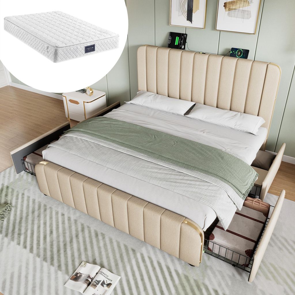 Polsterbett Doppeltes, Kopfteil mit goldenen Zierstreifen und ,USB Typ-C 140 x 200 cm, mit 4 Schubladen ,Mit Matratze