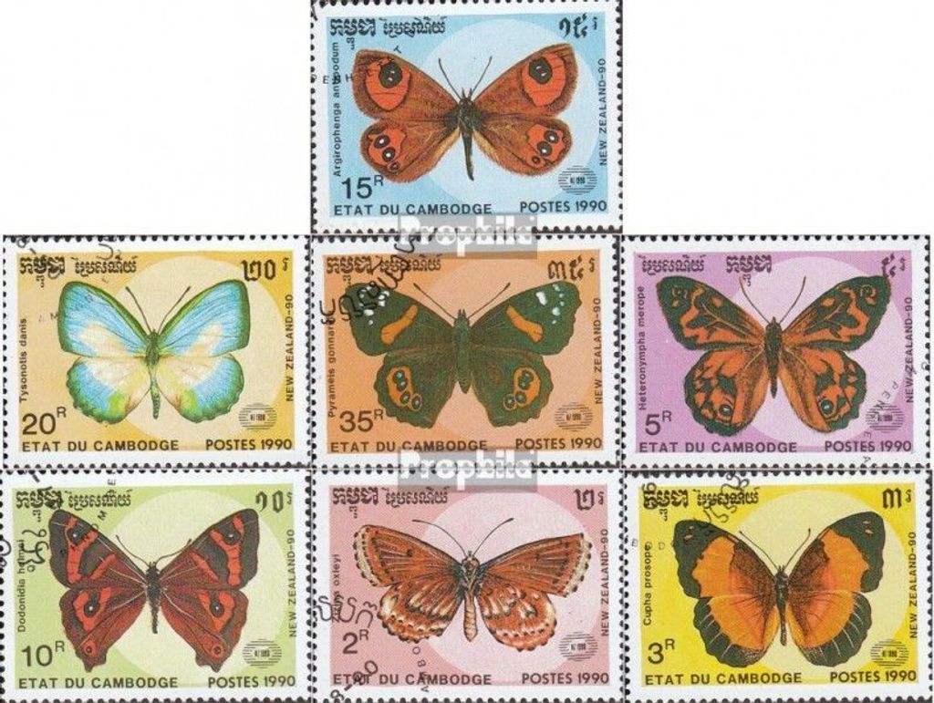 Briefmarken Kambodscha 1990 Mi 1142-1148 (kompl.Ausg.) gestempelt Schmetterlinge