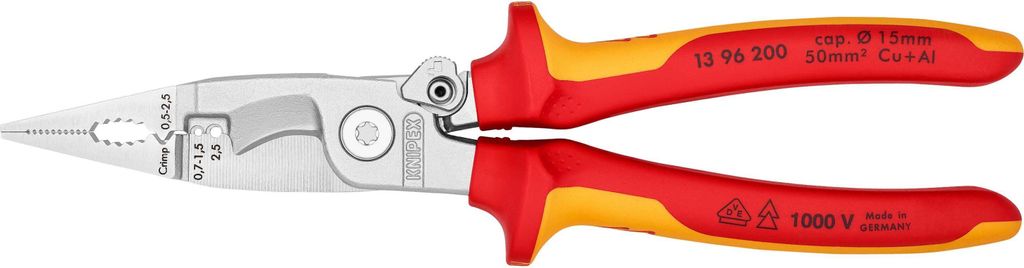 KNIPEX 13 96 200 Elektro-Installationszange isoliert mit Mehrkomponenten-Hüllen, VDE- verchromt 200 mm