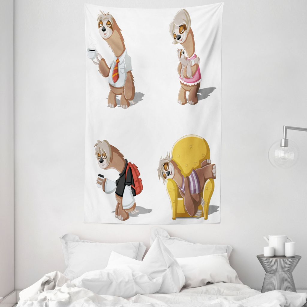 ABAKUHAUS Faultier Wandteppich und Tagesdecke, Lazy Sloth Familie Cartoon aus Weiches Mikrofaser Stoff Waschbar ohne Verblassen Digitaldruck, 140 x...