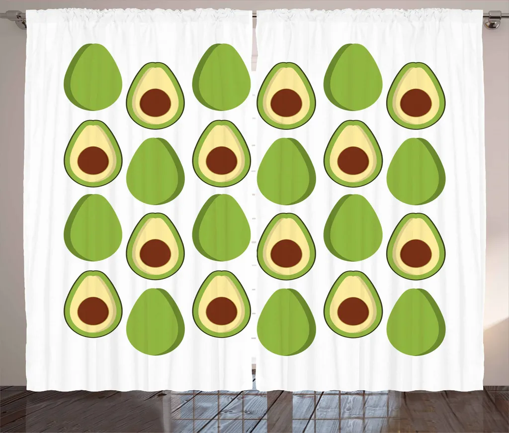 ABAKUHAUS Tenda rustica Avocado, alimenti biologici colorati, tenda con passanti e ganci per camera da letto, 280 x 245 cm, verde marrone giallo chiaro