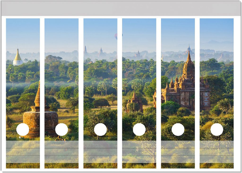 Wallario Ordnerrücken Sticker, selbstklebend für breite Ordner, 6 Stück, Motiv Tempel in der Ebene von Bagan III