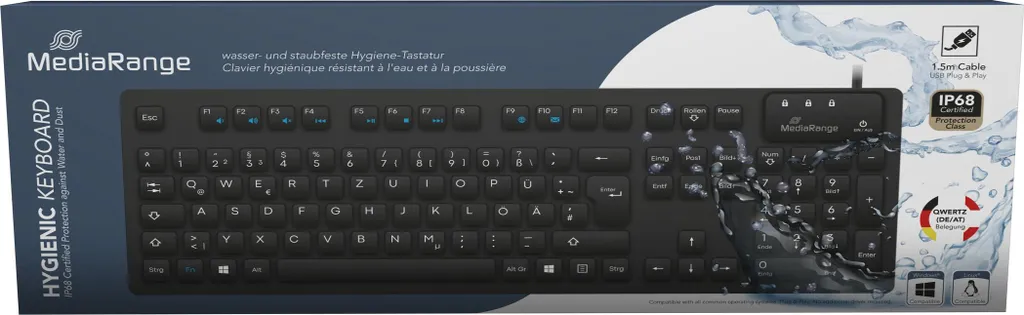 Clavier antibactérien MediaRange IP68 QWERTZ noir lavable et robuste