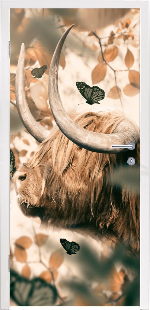 MuchoWow Türtapete Selbstklebende Türfolie Schottische Highlander - Schmetterlinge - Blätter 80x215 cm Türposter Türaufkleber Klebefolie Tü...