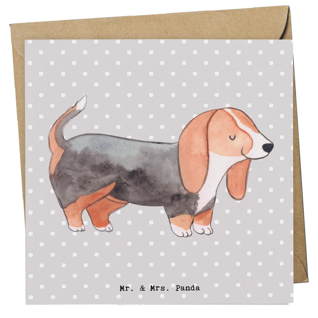 Mr. & Mrs. Panda Grußkarte Basset Hound Lebensretter - Grau Pastell - Geschenk, Klappkarte, faltkarte, Glückwunschkarte, anlasskarte, doppelkarte