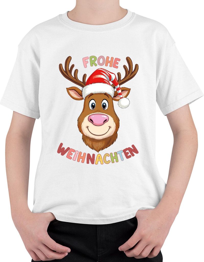 FROHE WEIHNACHTEN Rentier Weihnachtsmütze lustig kinder Geschenk Uni Kinder T-Shirt, Weiß, 128