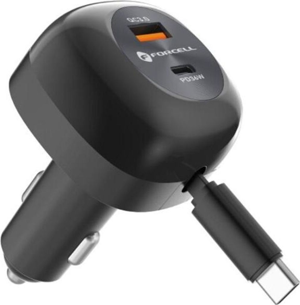 FORCELL F-ENERGY Alu car charger with retractable cable Type C and Type C + USB A sockets PD QC4.0 SFC2.0 3A 75W black