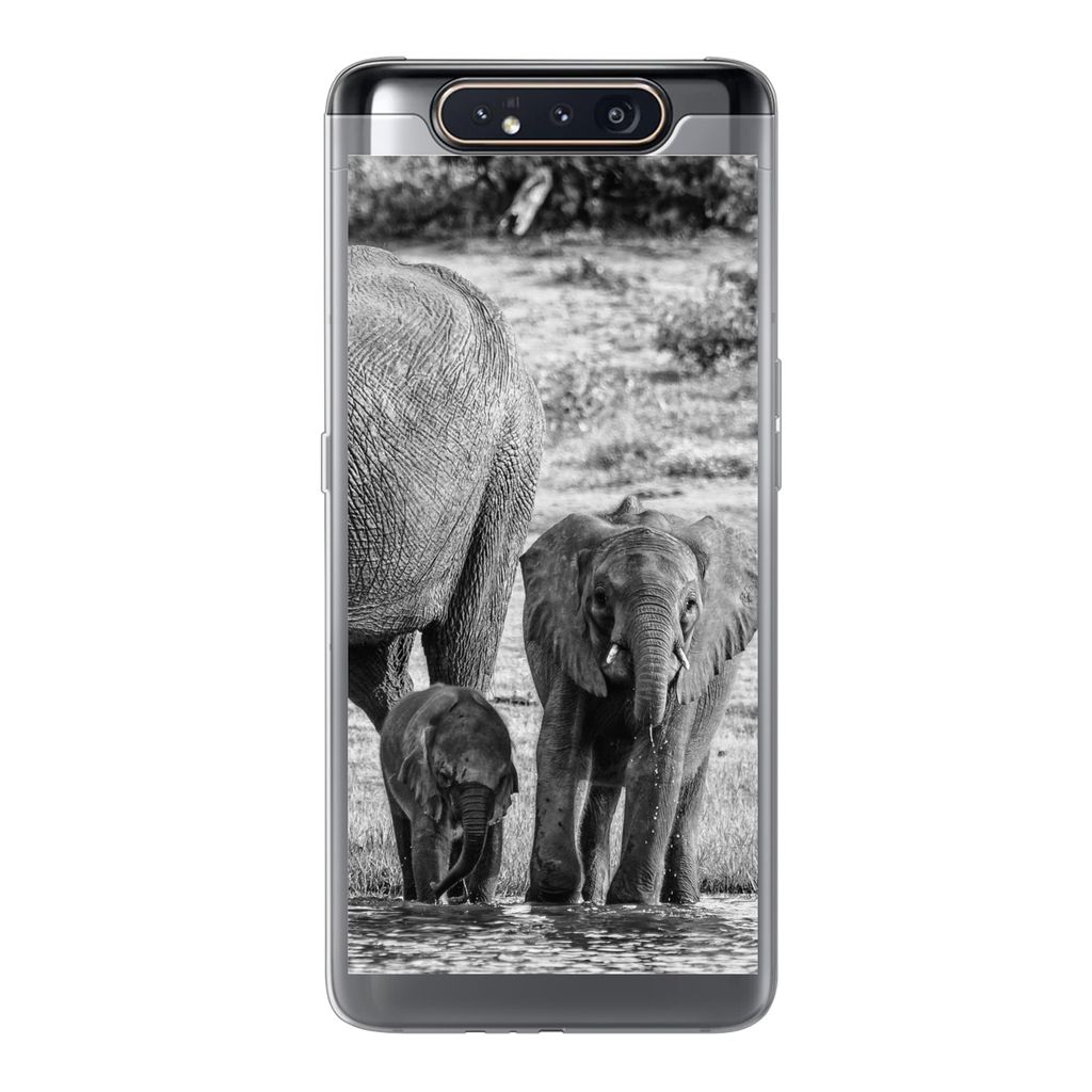 MuchoWow Handyhülle Schutzhülle Hülle für Samsung Galaxy A80 Elefant - Wasser - Tiere - Schwarz - Weiß Silikon Softcase Handy Hülle - Schut...
