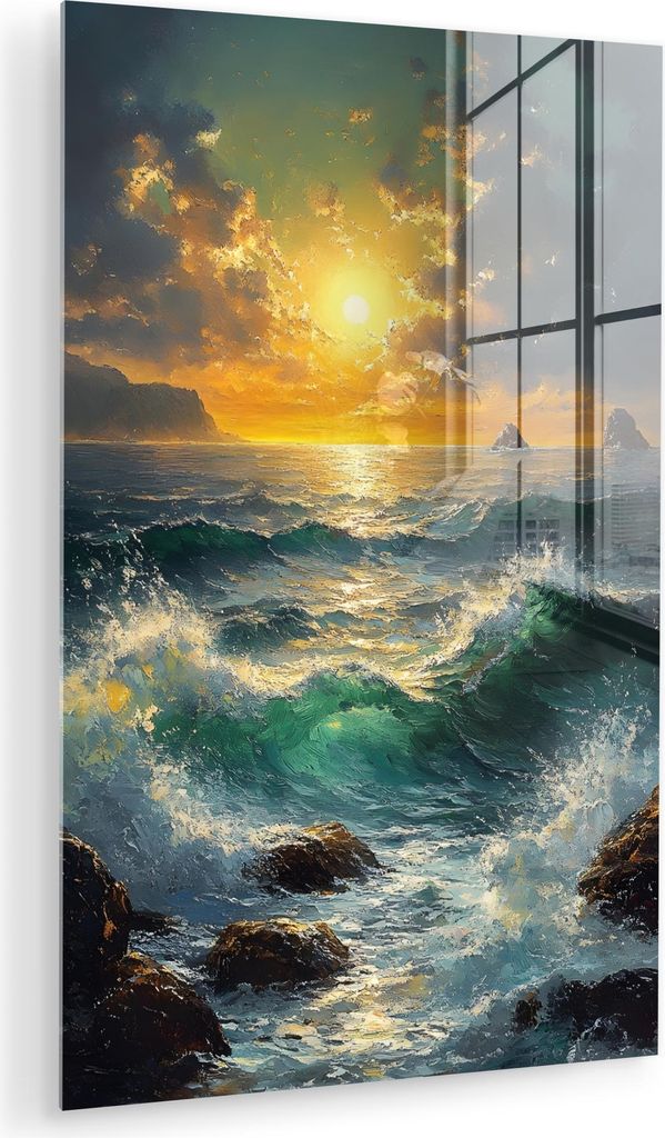 MuchoWow Glasbilder - Bilder auf Wandbild - Foto auf Glas Meer - Sonne - Wellen - Felsen 40x60 cm Wanddekoration aus Glas - Acrylglasbild - Acrylbi...