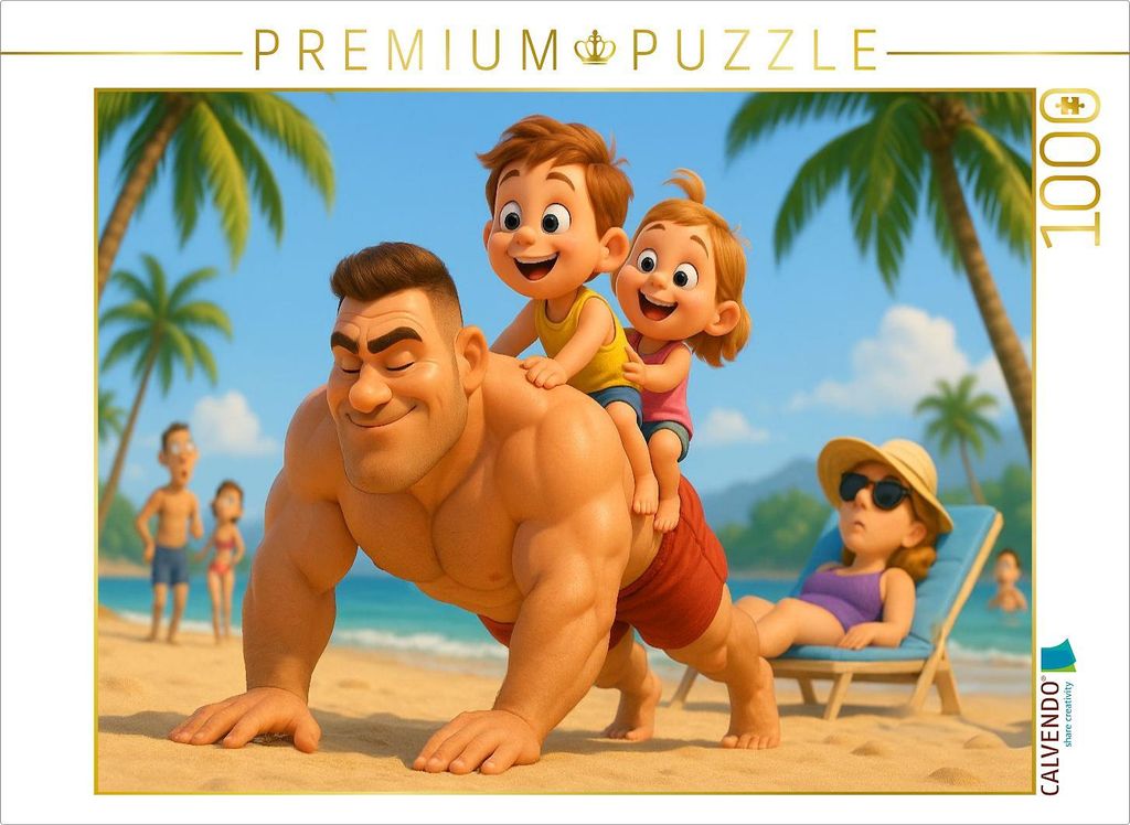 CALVENDO Puzzle Kurze Übungen am Strand - Bodybuilder mit Familie | 1000 Teile Lege-Größe 64x48cm Foto-Puzzle für glückliche Stunden