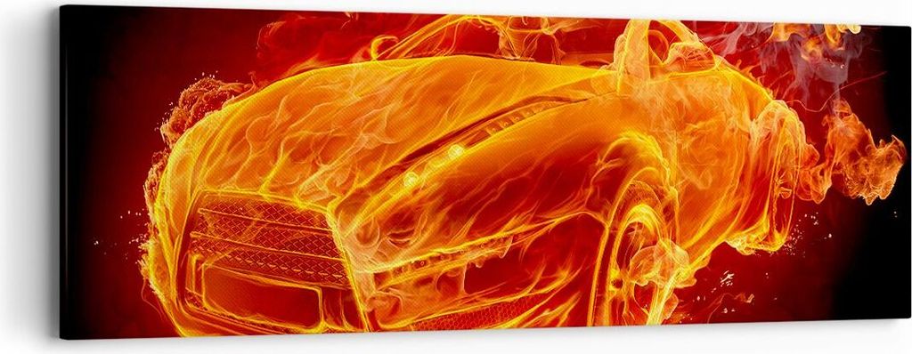 Bild auf Leinwand - Leinwandbild - Auto Flammen Räder - 90x30cm - Wand Bild - Wanddeko - Wandbilder - Leinwanddruck - Bilder - Kunstdruck - Wandde...