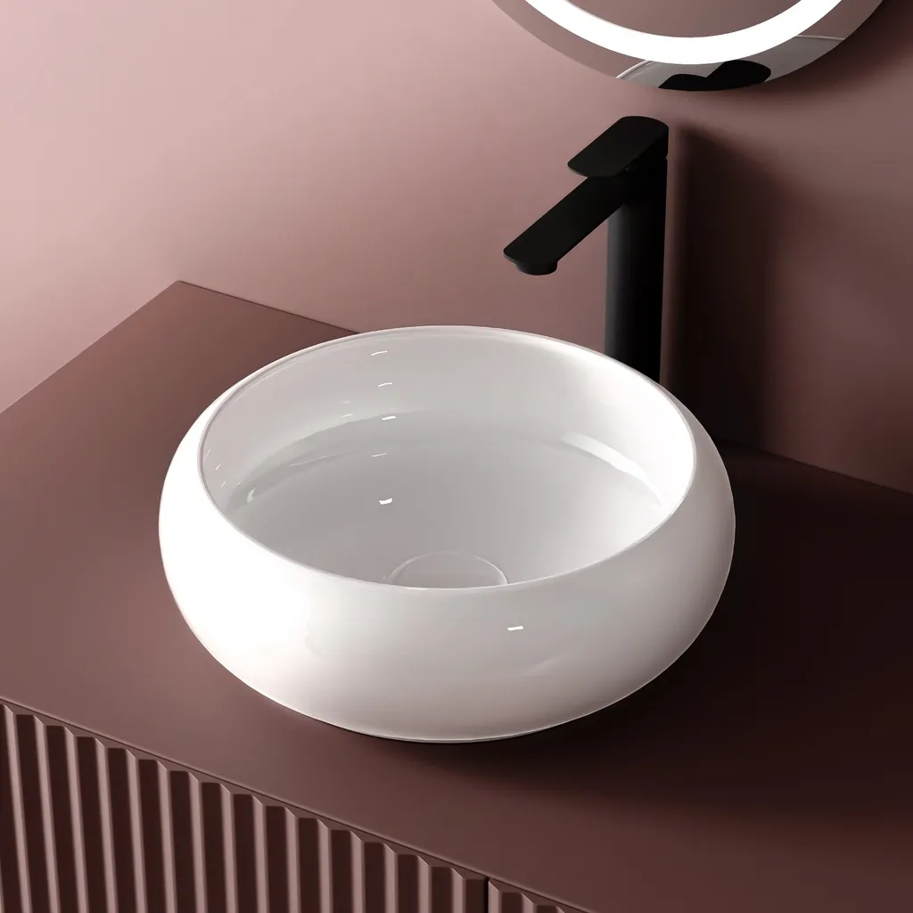 Lavabo Appoggio Rotondo 36cm EMKE | Ceramica Bianco Lucido per Bagno